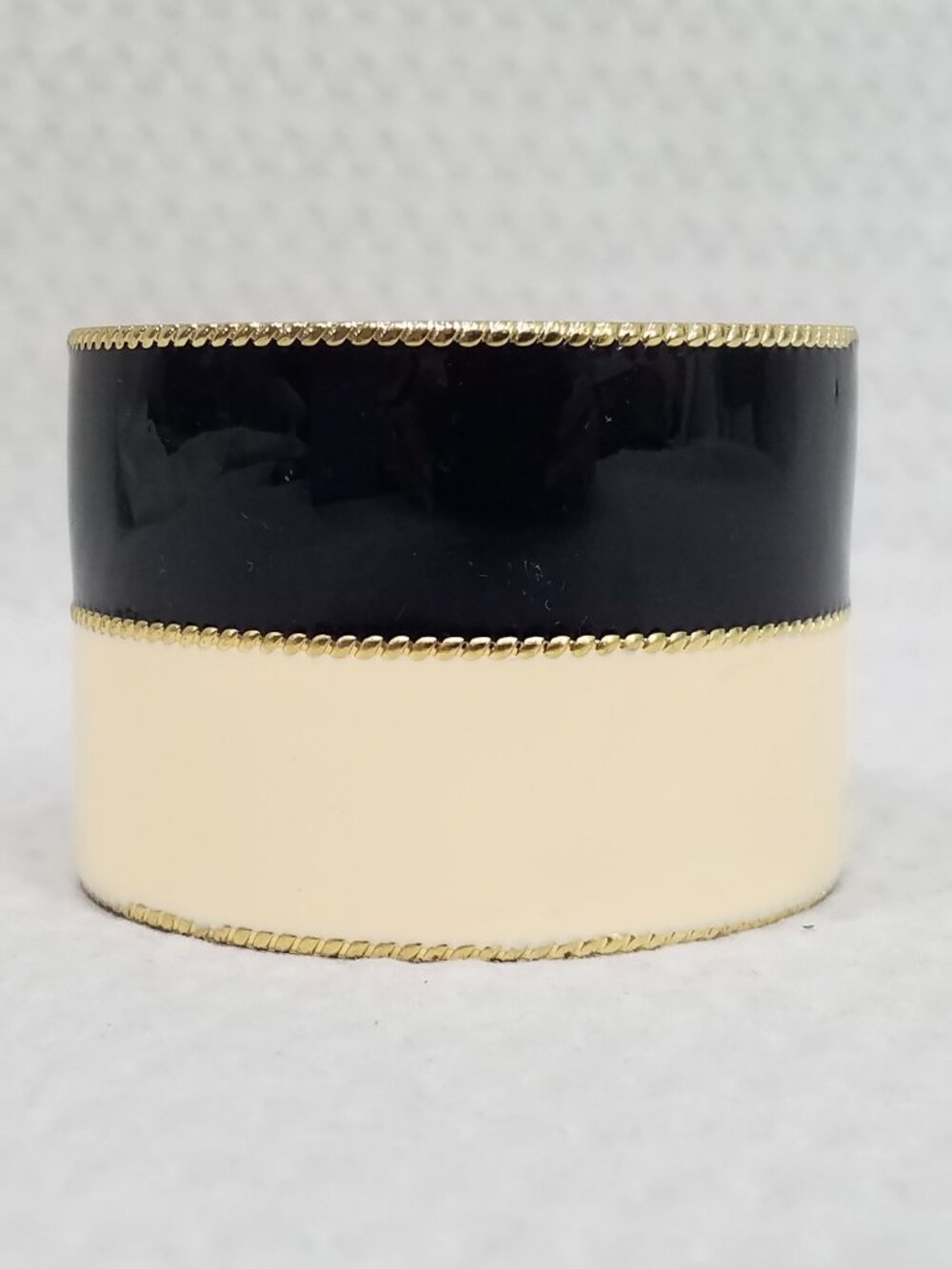 Enamel Cuff Bracelet Black and Cream Chunky Gold Tone Wide Bangle Vintage 1990s - Picture 2 of 6